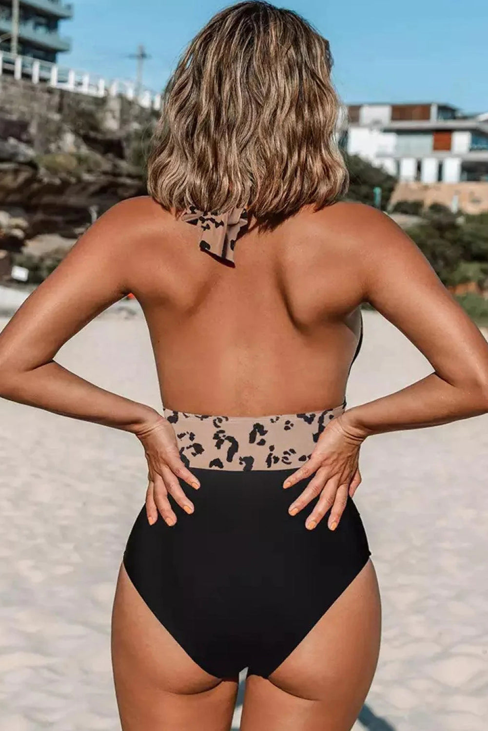 Black Leopard Halter Backless Plunge V Neck One Piece Swimsuit