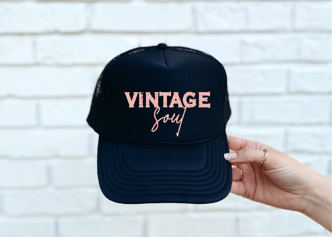 Vintage Soul DTF Printed Black Trucker Hat - Main Image