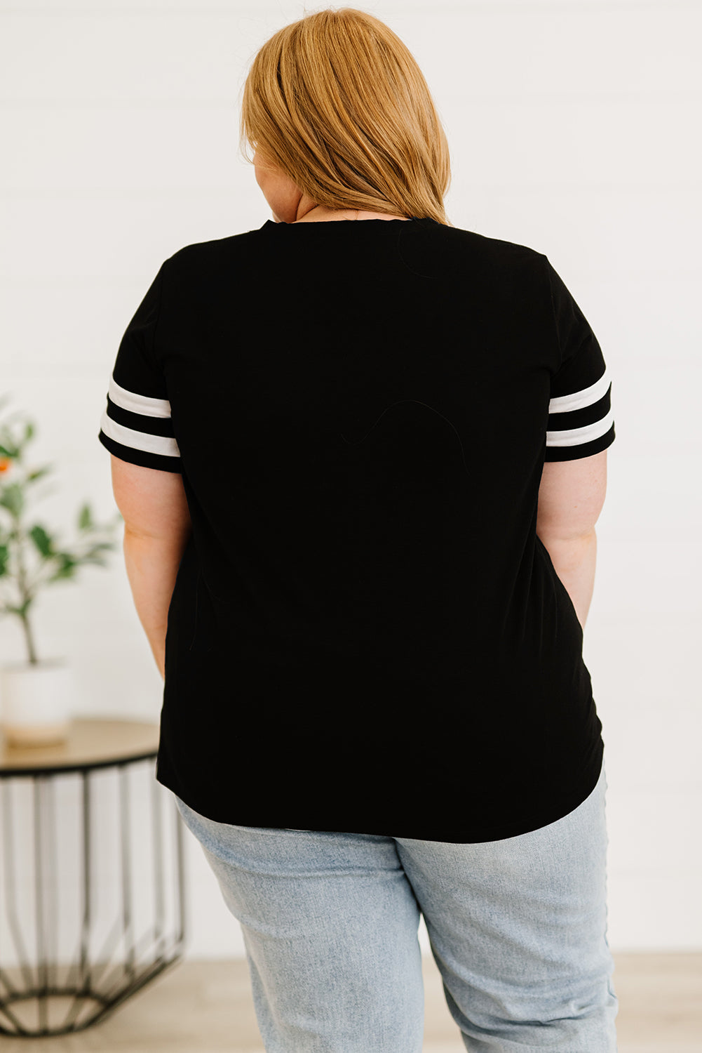 Black Plus Size Stripes Stitching Sleeve V Neck T-shirt