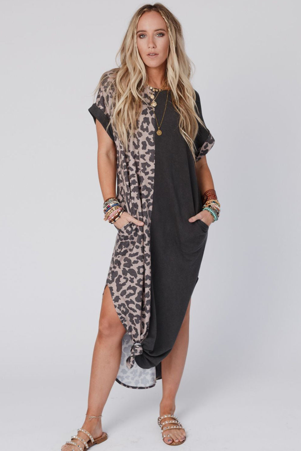 Black Contrast Solid Leopard Short Sleeve T-shirt Dress with Slits