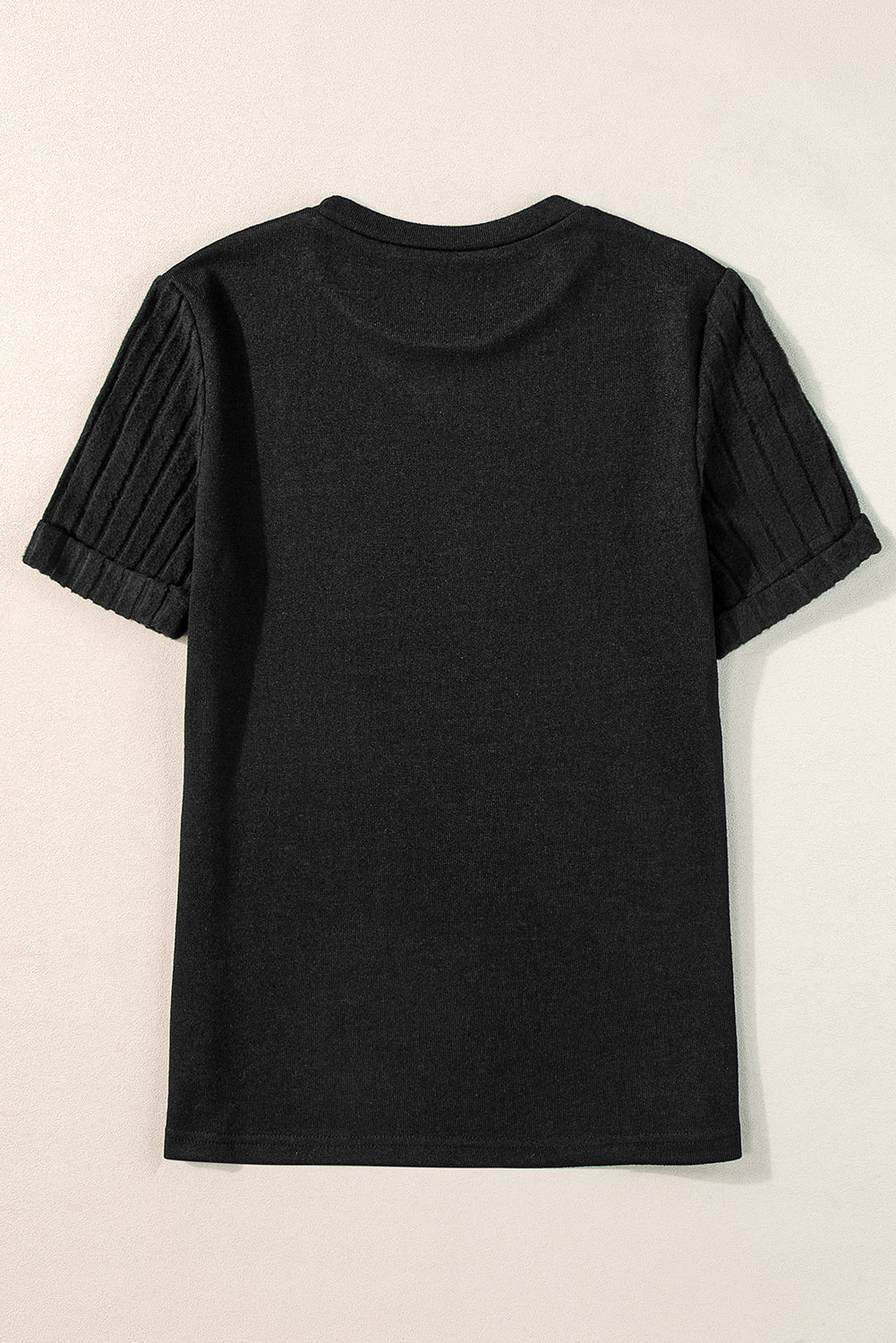 Black Ribbed Splicing Sleeve Round Neck T-shirt