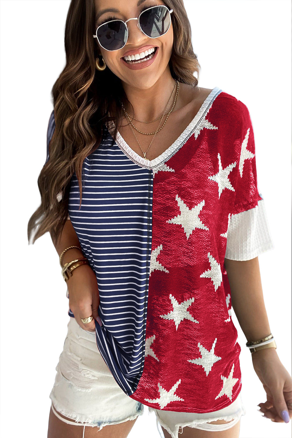 Blue Stripes Stars Print Knit Short Sleeves Top