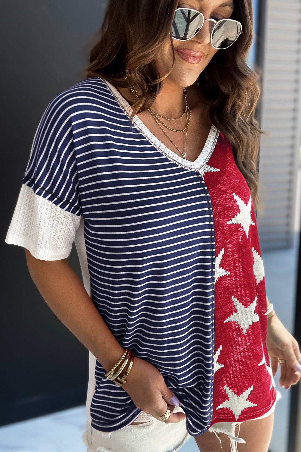 Blue Stripes Stars Print Knit Short Sleeves Top