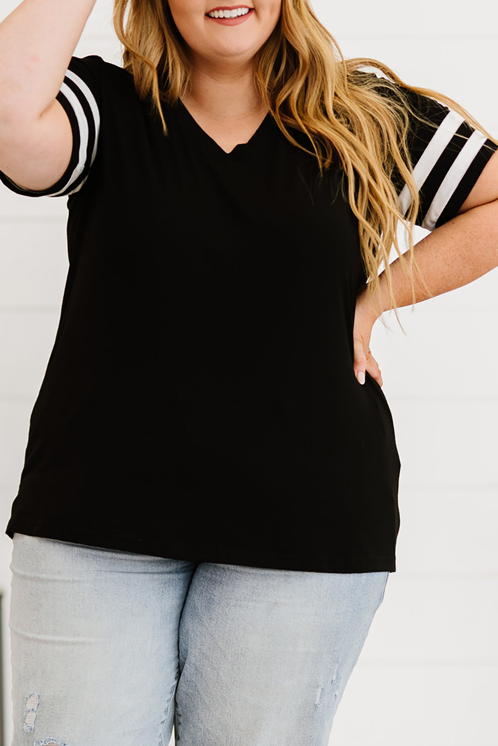 Black Plus Size Stripes Stitching Sleeve V Neck T-shirt