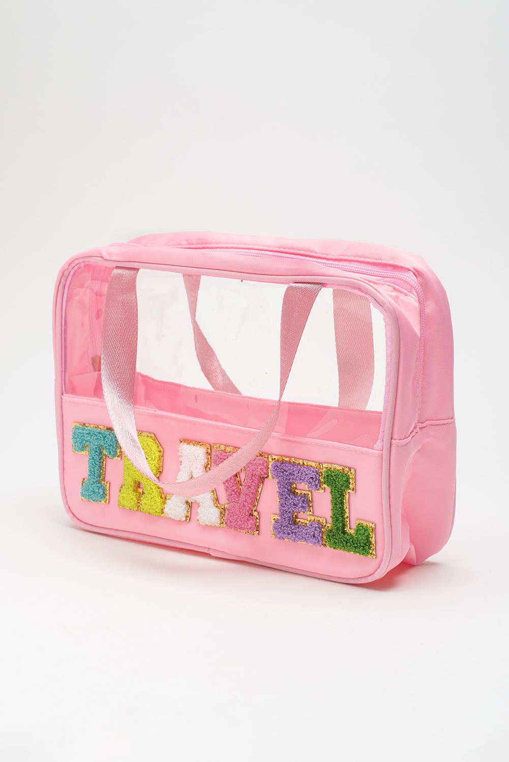 Light Pink TRAVEL Chenille Letter Clear PVC Makeup Bag