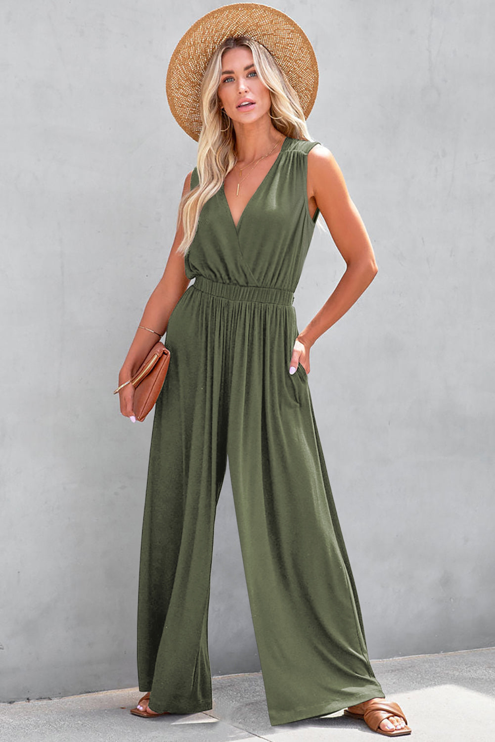 Jungle Green Deep V Pleated Crisscross Wide Leg Backless Jumpsuit