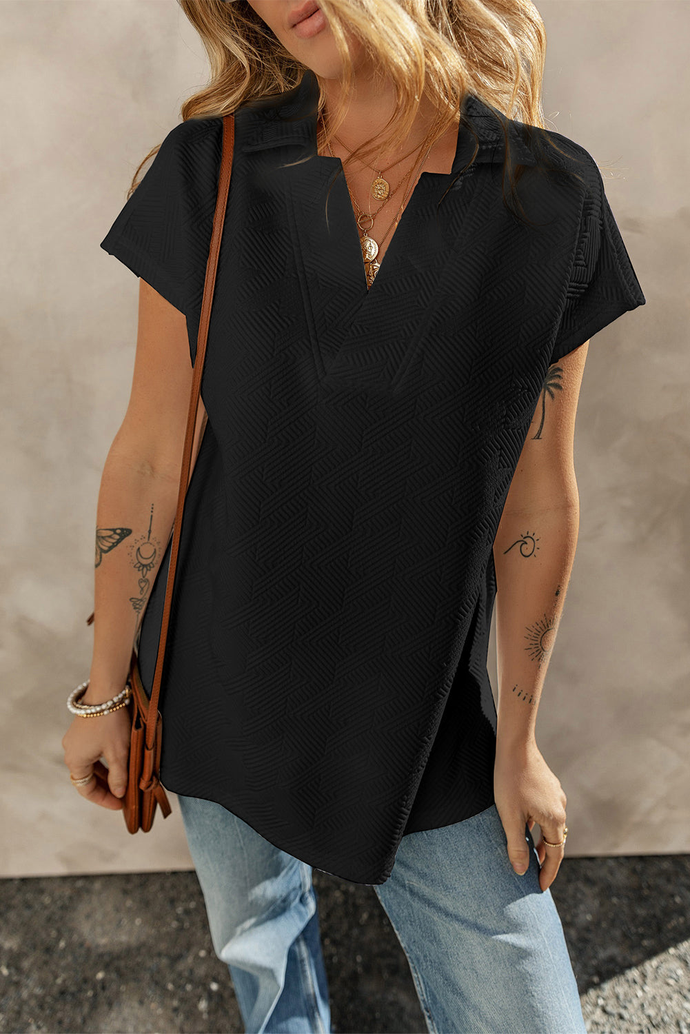 Black Textured V Neck Collared Short Sleeve Top