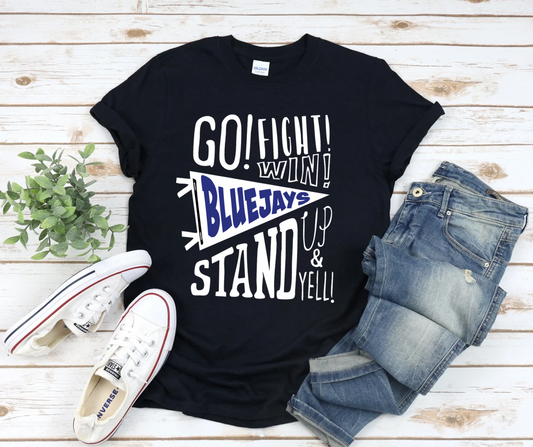 Show your spirit with our Go Fight Win Bluejays spirit t-shirt.