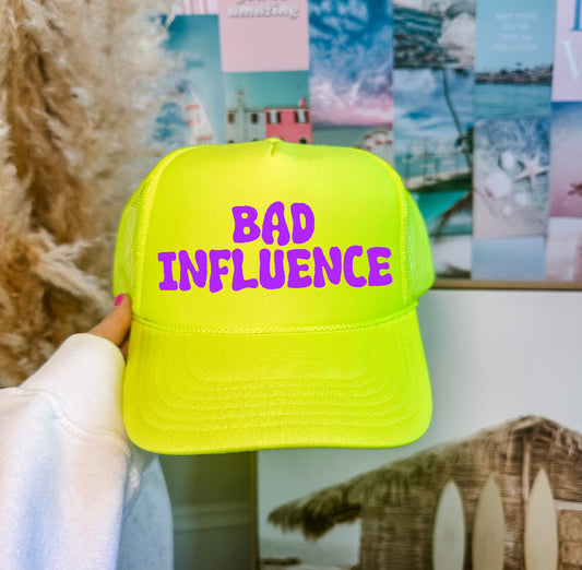 Bad Influence DTF Printed Neon Yellow Trucker Hat