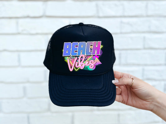 Beach Vibes DTF Printed Black Trucker Hat