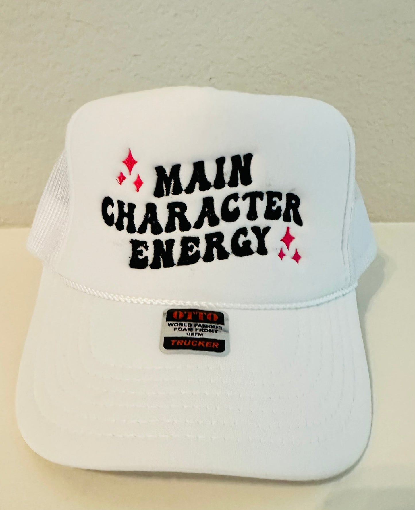 Main Character Energy Embroidered White Trucker Hat