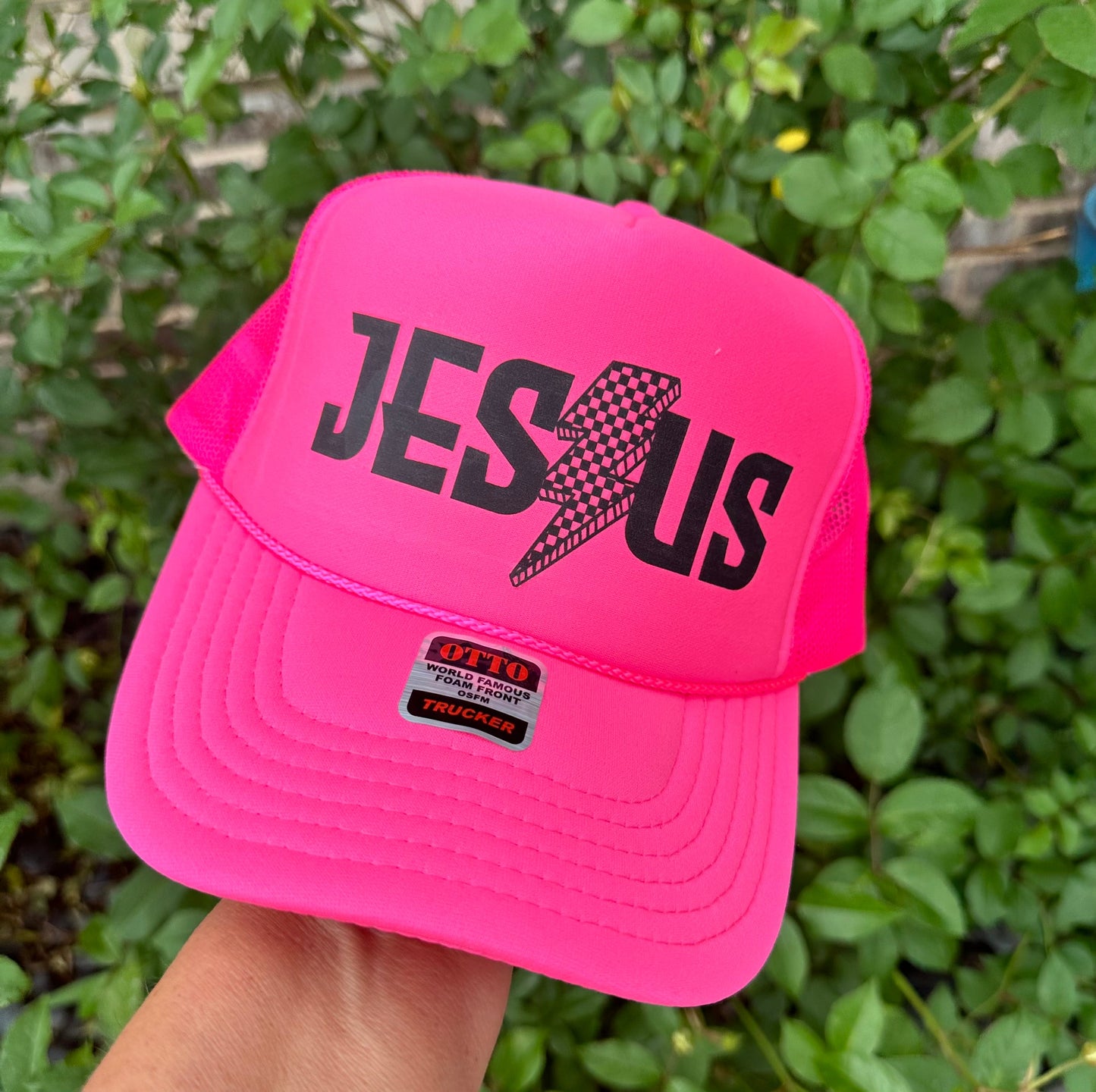 Jesus Bolt DTF Printed Neon Pink Trucker Hat