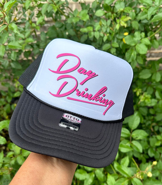 Day Drinking DTF Printed Black & White Trucker Hat