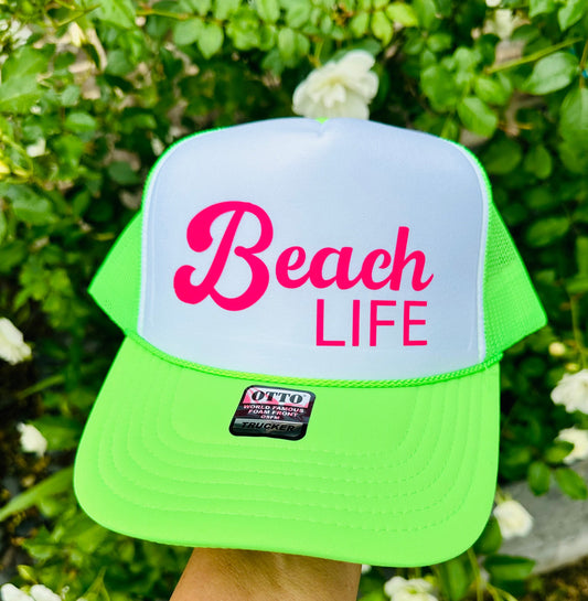 Beach Life DTF Printed Neon Green & White Trucker Hat