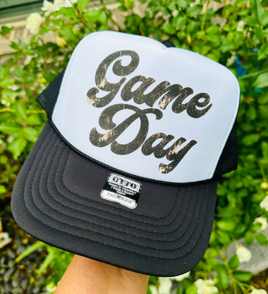 Game Day DTF Printed Black & White Trucker Hat