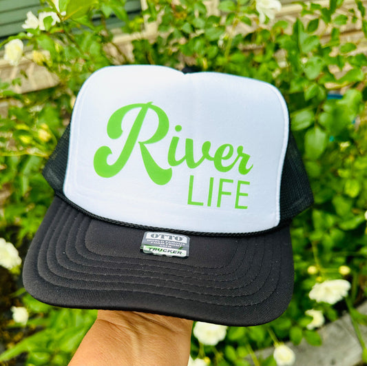 River Life DTF Printed Black & White Trucker Hat