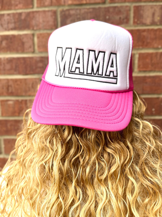 Mama Trucker Embroidered Hot Pink & White Trucker Hat