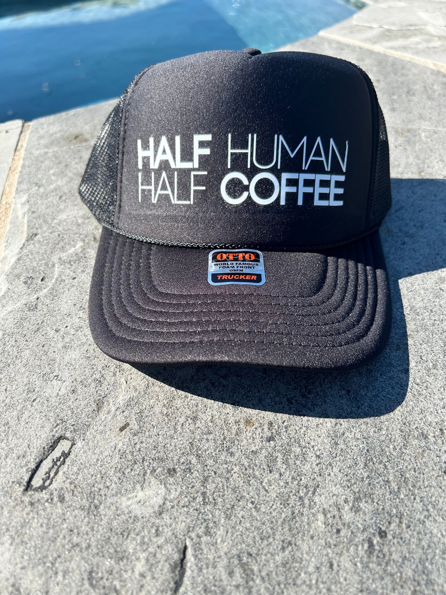 Half Human Half Coffee DTF Printed Black Trucker Hat