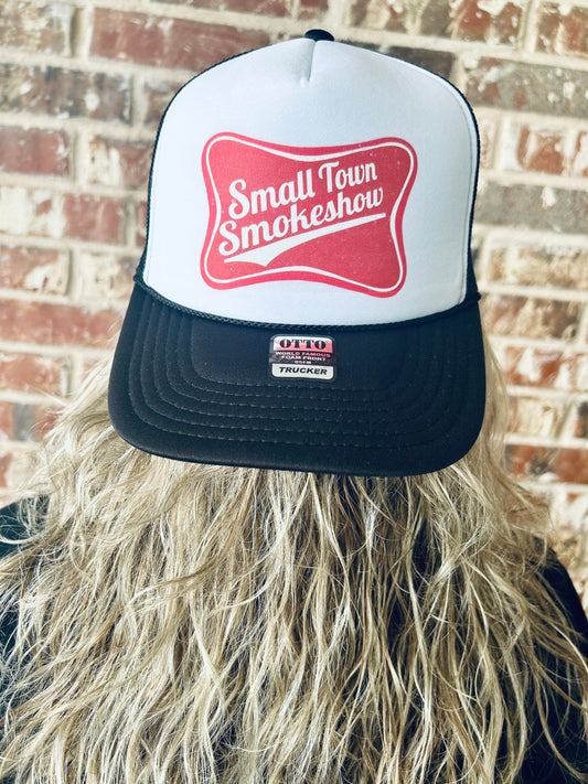 Small Town Smokeshow DTF Printed Black & White Trucker Hat