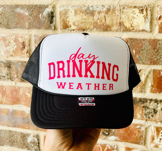 Day Drinking Weather DTF Printed Black & White Trucker Hat