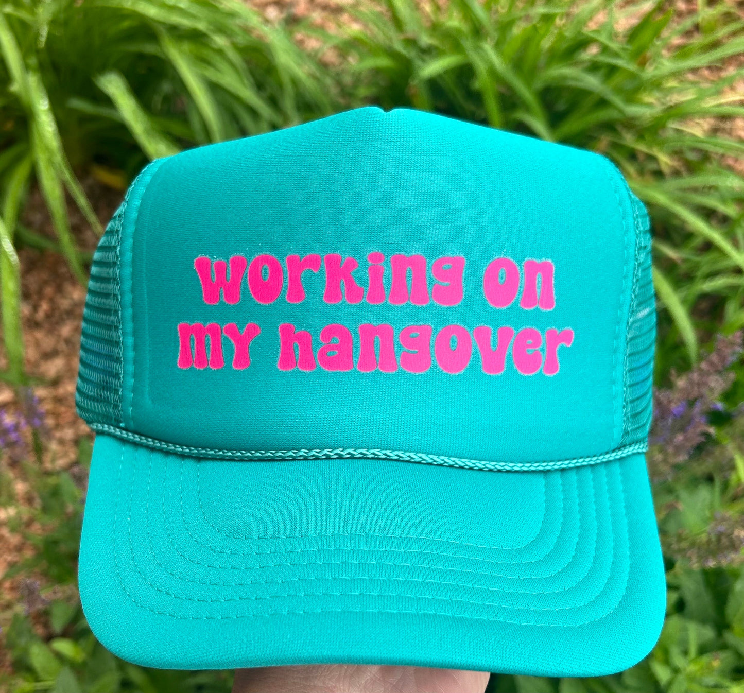 Working on My Hangover DTF Printed Jade Trucker Hat