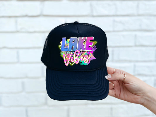 Lake Vibes DTF Printed Black Trucker Hat