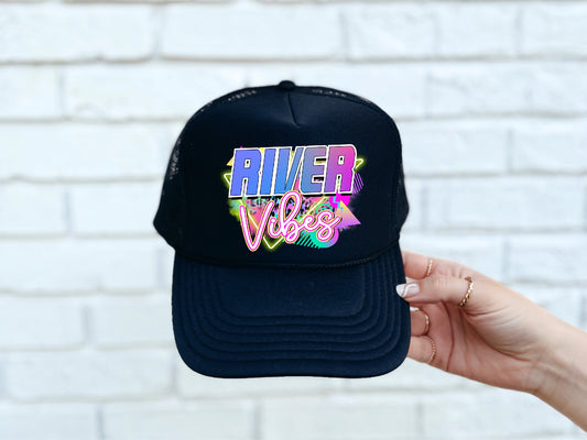 River Vibes DTF Printed Black Trucker Hat