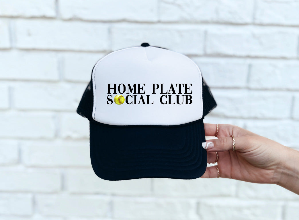 Home Plate Social Club (Softball) DTF Printed Black & White Trucker Hat