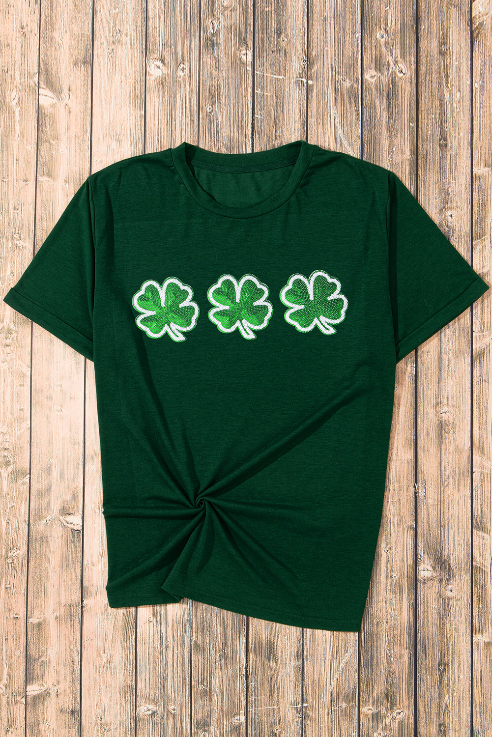 Green St Patrick Clover Patch Sequin Graphic T-shirt