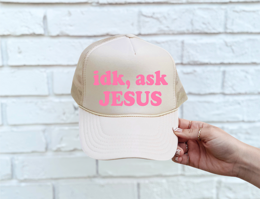 Ask Jesus DTF Printed Tan Trucker Hat