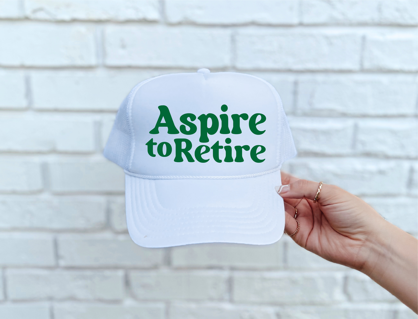 Aspire To Retire DTF Printed White Trucker Hat
