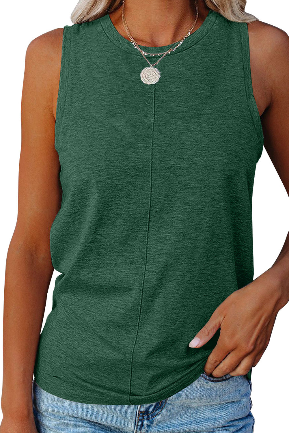 Green Solid Color Crewneck Sleeveless Top