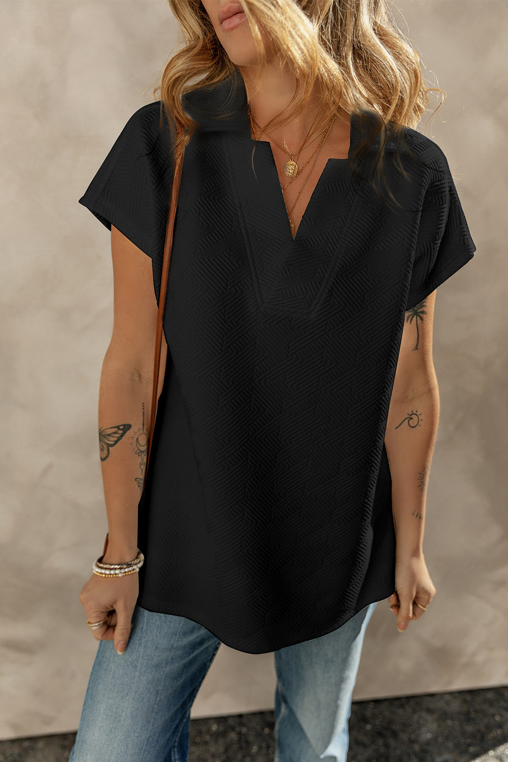 Black Textured V Neck Collared Short Sleeve Top