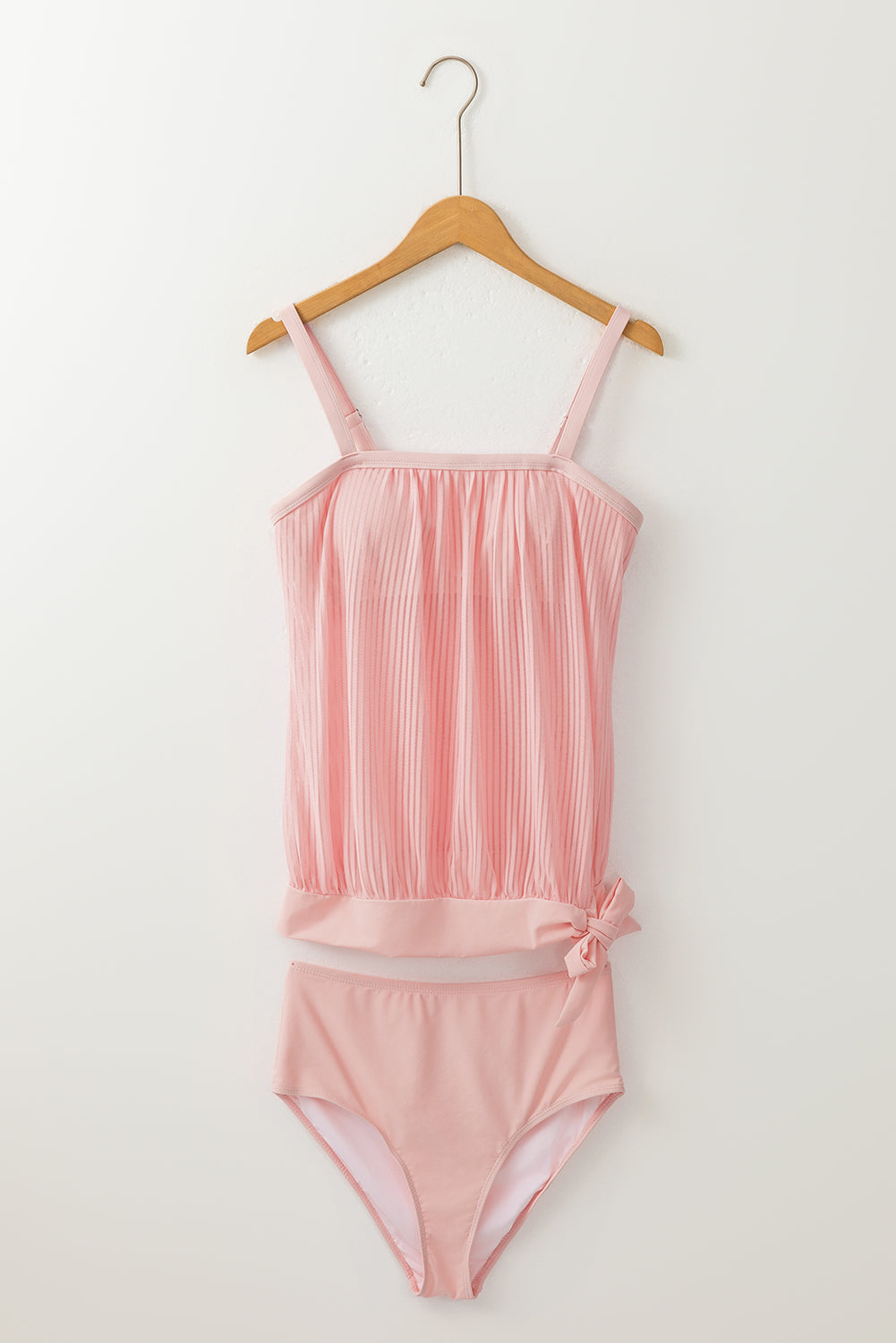 Pink Striped Mesh Knotted Hem Tankini Swimsuit