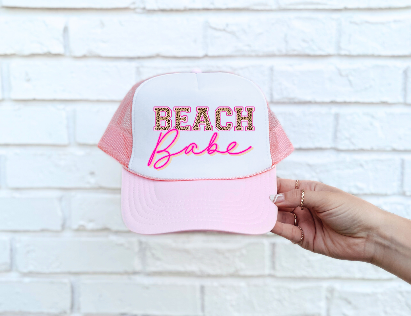 LEOPARD Beach Babe DTF Printed Pink & White Trucker Hat