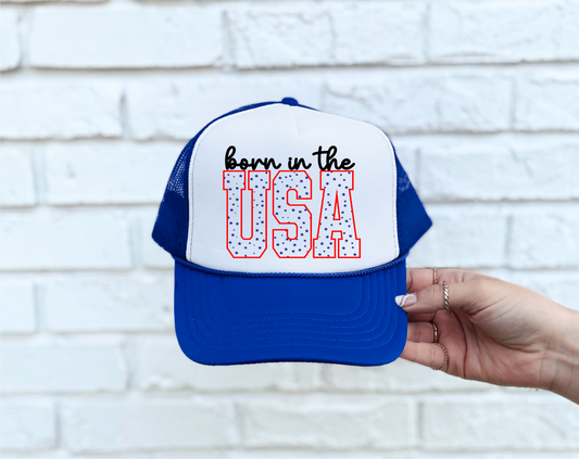 Born in the USA DTF Printed Blue & White Trucker Hat