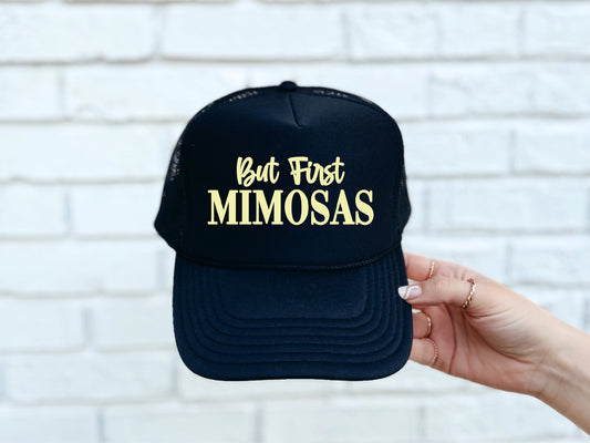 But First Mimosas DTF Printed Black Trucker Hat