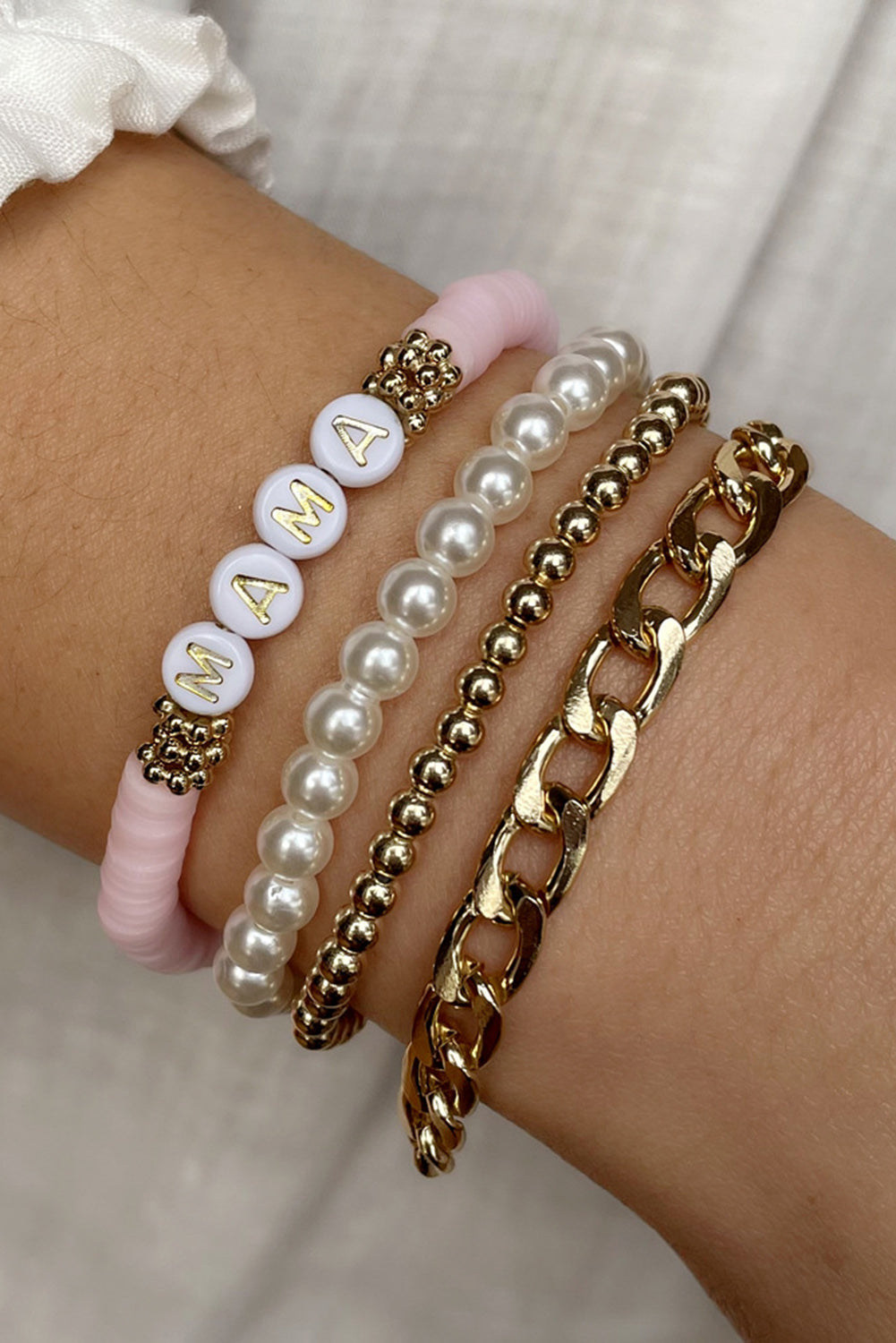 Gold 4PCS MAMA Pearls Beaded Chain Bracelets Set