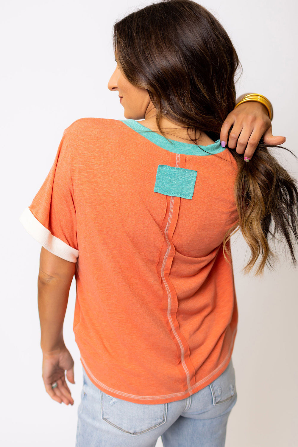 Grapefruit Orange Contrast Trim Exposed Seam V Neck T-shirt