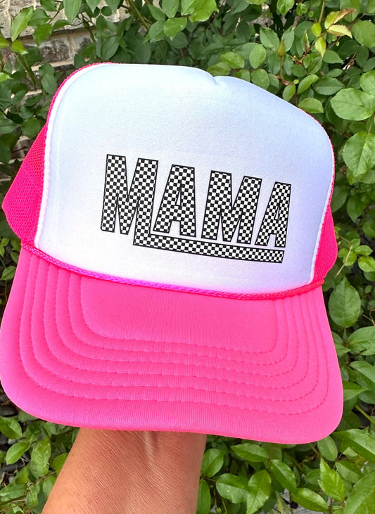 Checkered Mama DTF Printed Neon Pink & White Trucker Hat