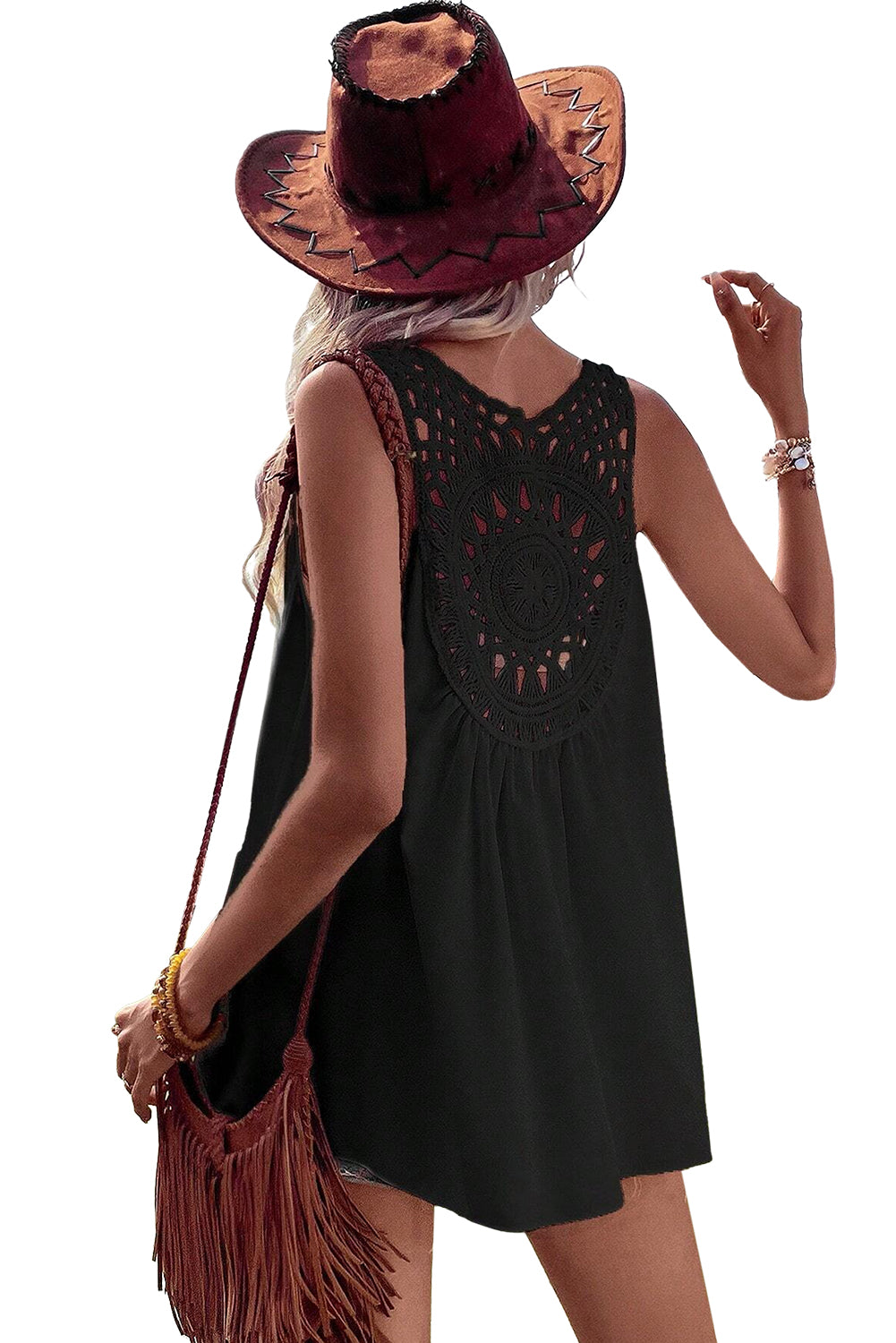 Black Bohemian Crochet Patchwork Sleeveless Tunic