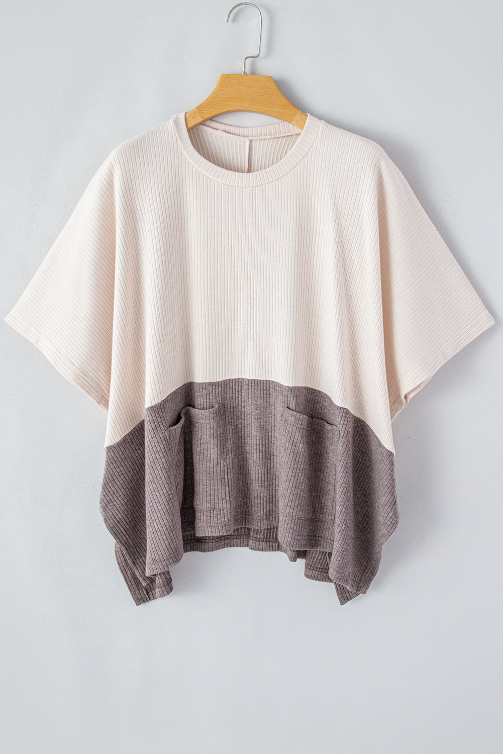 Pale Khaki Color Block Ribbed Knit Split Side Poncho