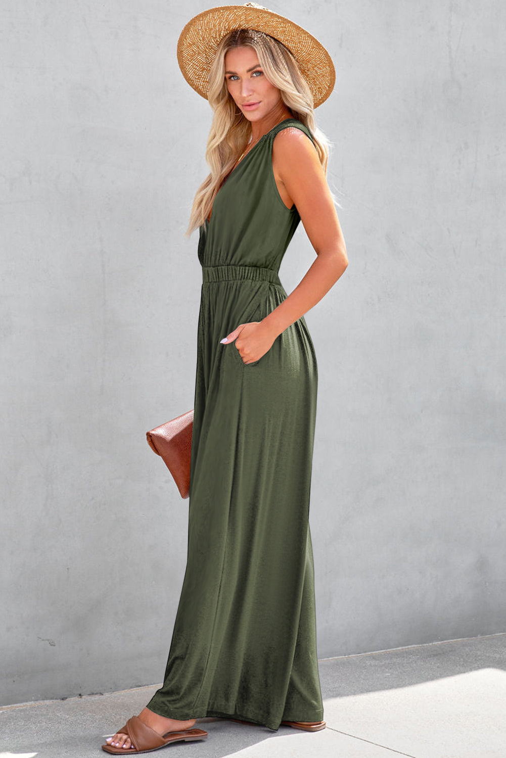 Jungle Green Deep V Pleated Crisscross Wide Leg Backless Jumpsuit