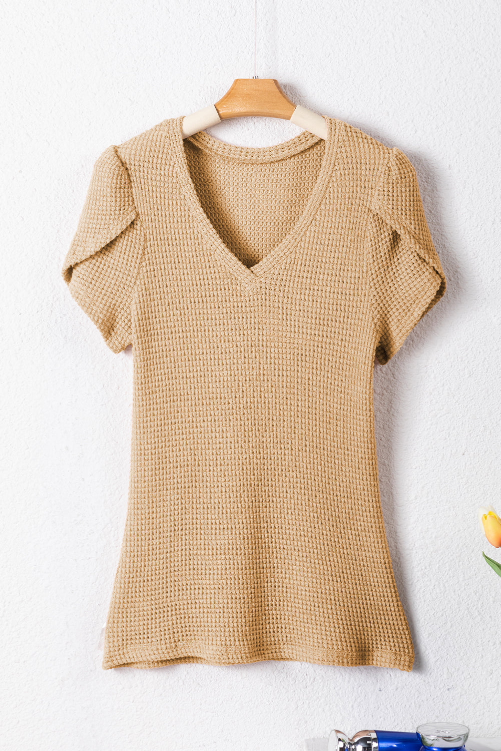 Camel V Neck Petal Sleeve Waffle Knit T-Shirt