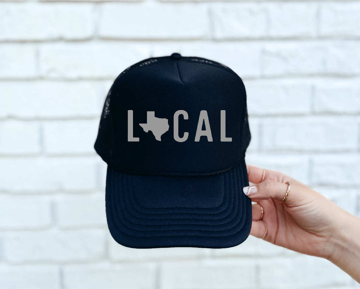 Local (Grey Texas) DTF Printed Black Trucker Hat