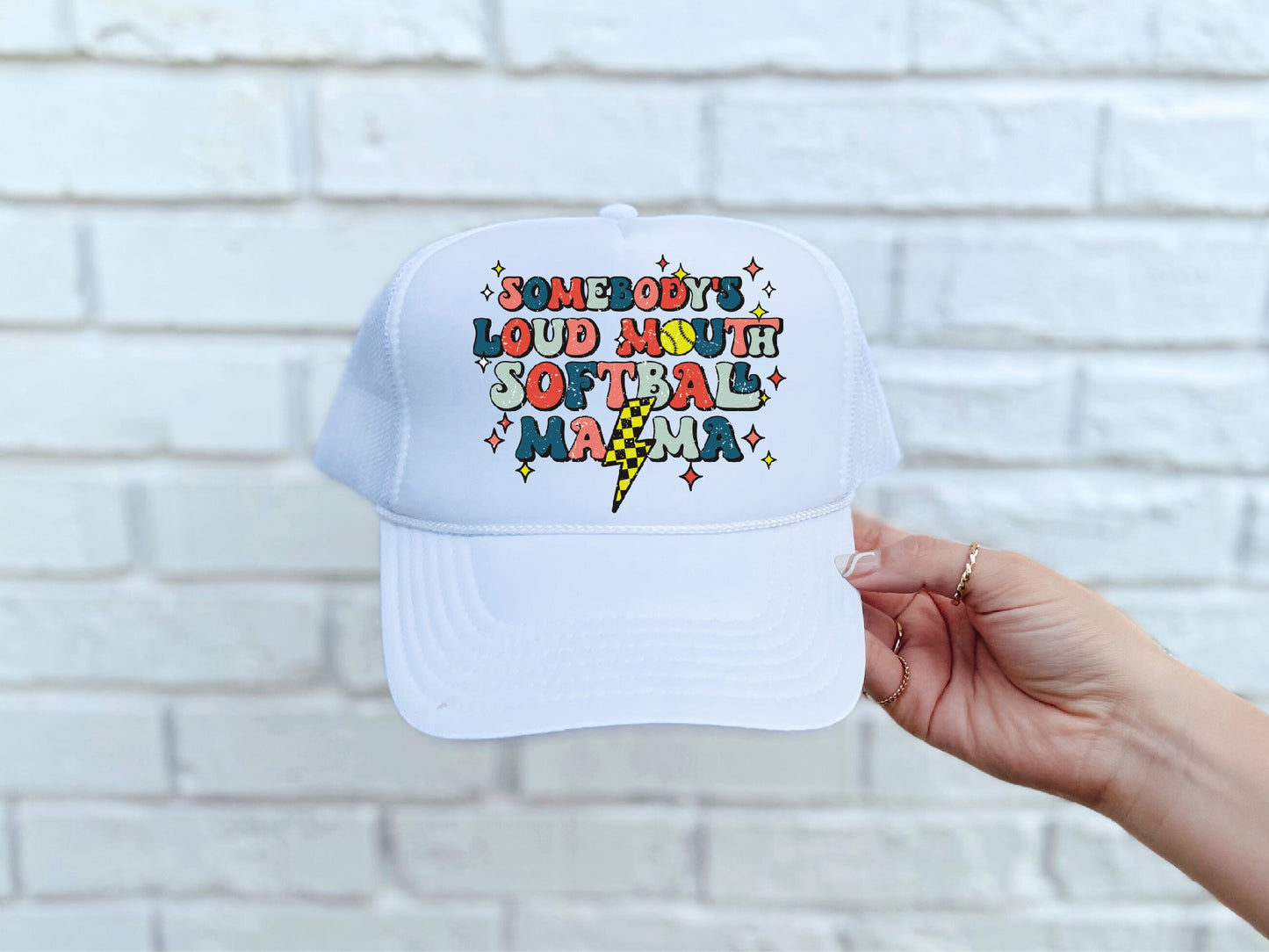 Loud Mouth Softball Mama DTF Printed White Trucker Hat