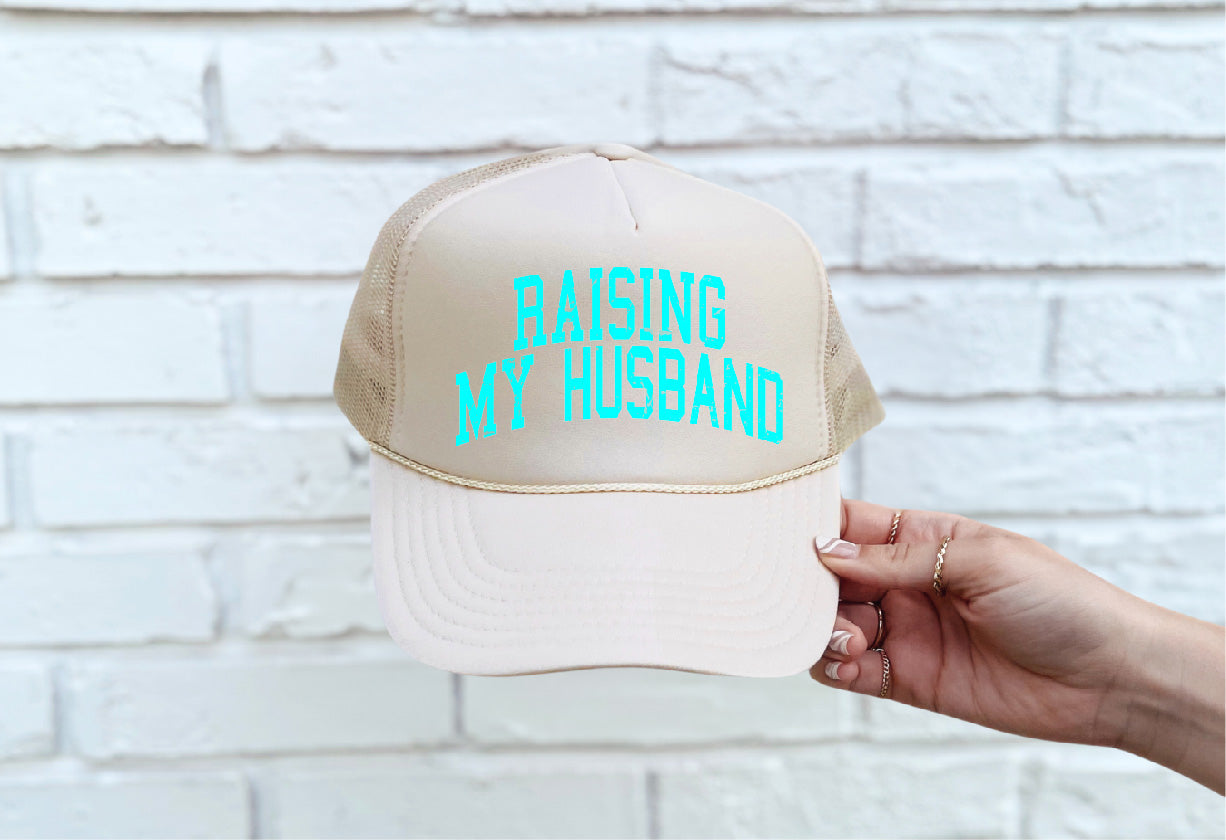 Raising My Husband DTF Printed Tan Trucker Hat