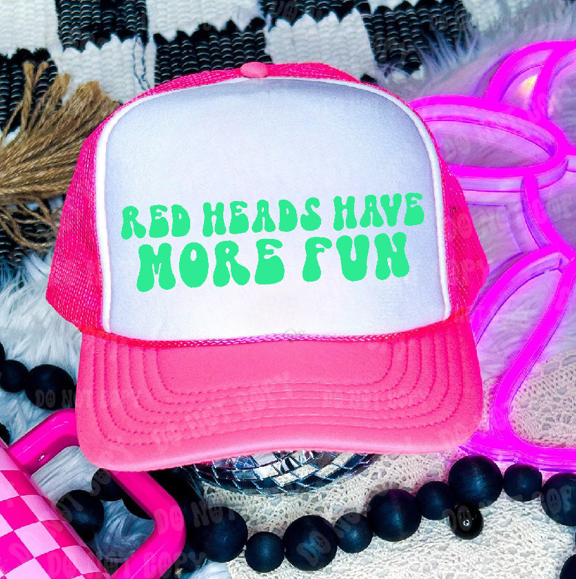 Red Heads Have More Fun DTF Printed Neon Pink & White Trucker Hat