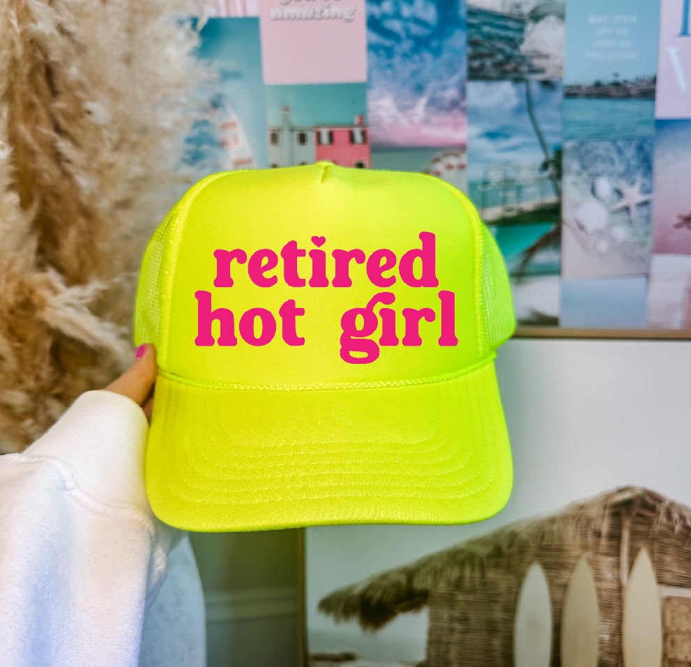 Retired Hot Girl DTF Printed Neon Yellow Trucker Hat
