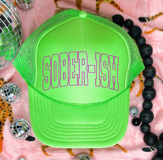 Sober-ish DTF Printed Neon Green Trucker Hat